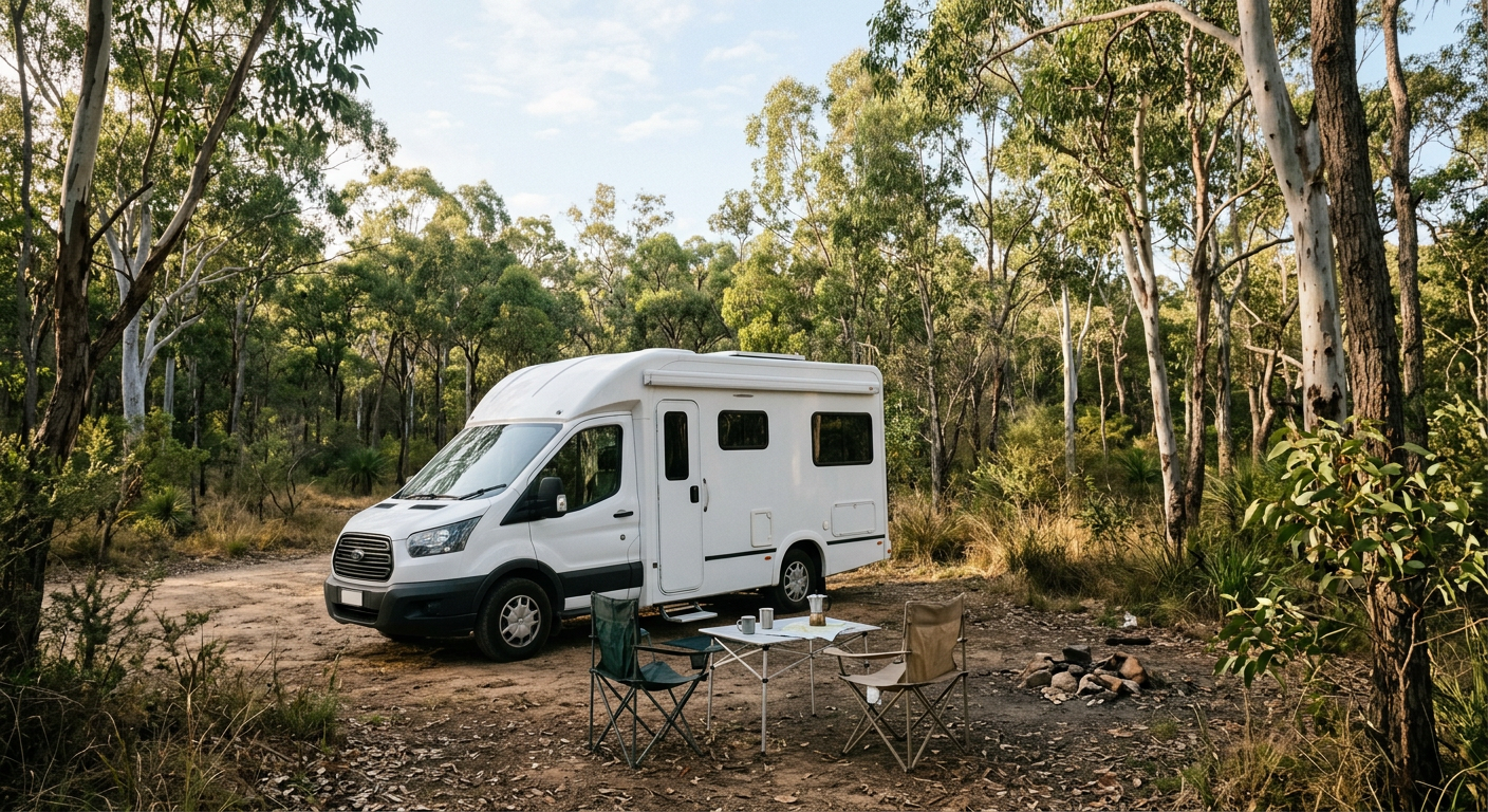 White motorhome parked at a bush campsite in morning light